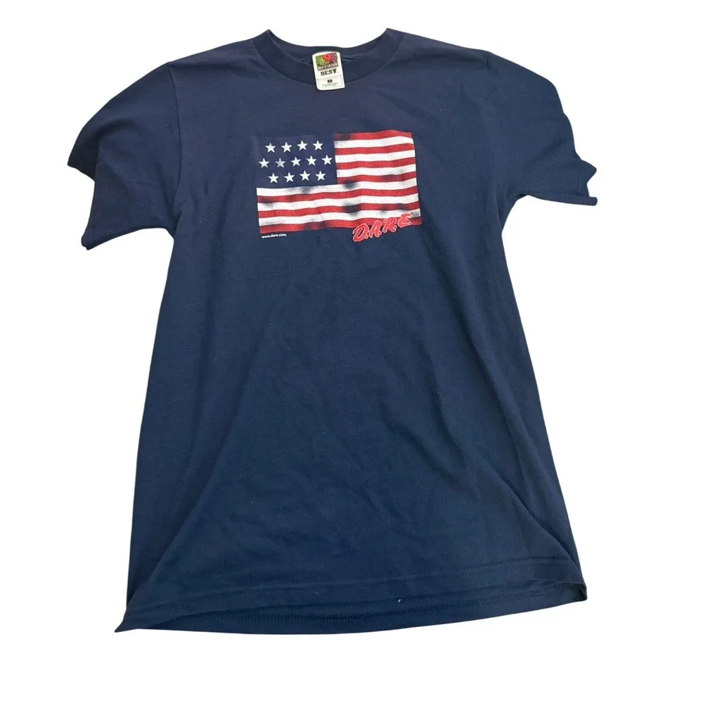 Vintage 2000's Y2K DARE Graphic American Short Sleeve Navy Crewneck Tee Small